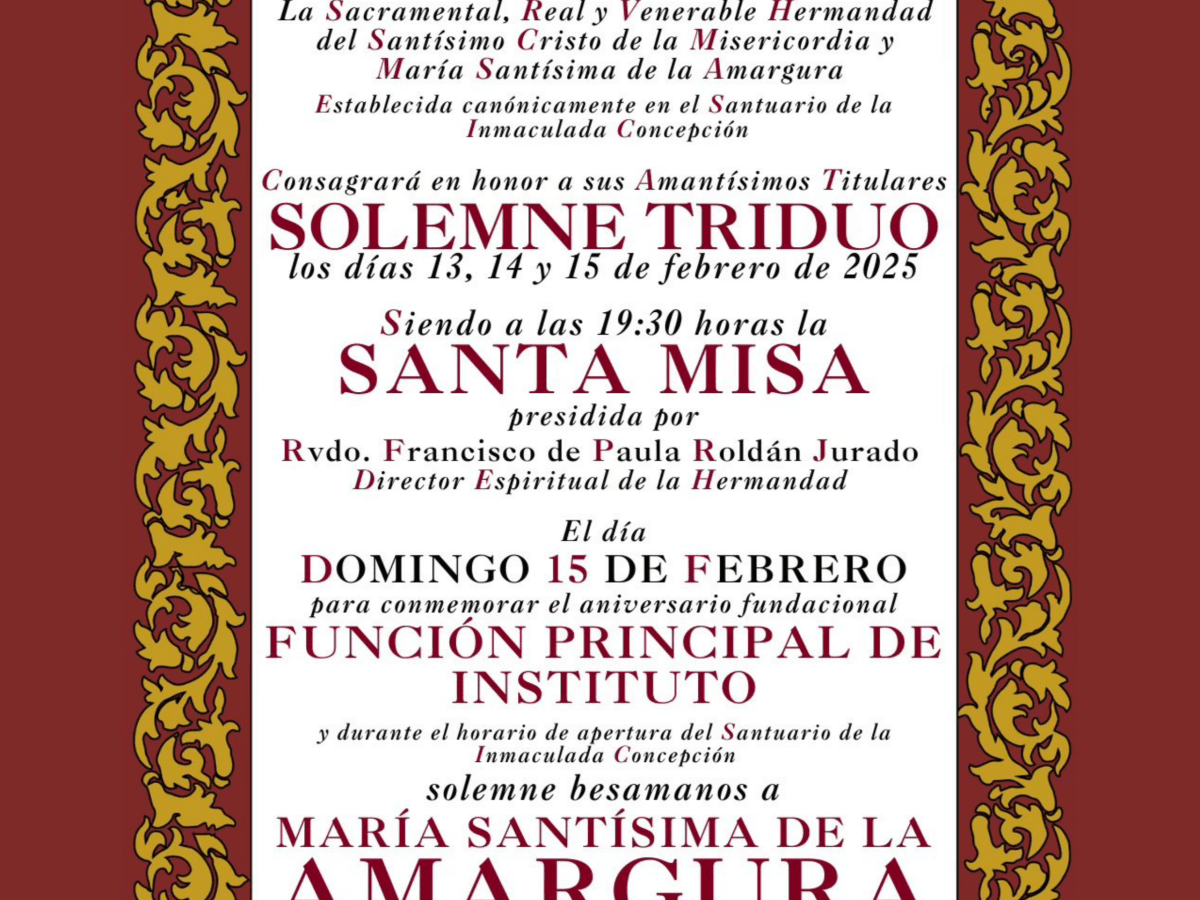 La Hermandad de la Amargura celebrará Solemne Triduo en honor a sus Titulares del 13 al 15 de&nbsp;febrero