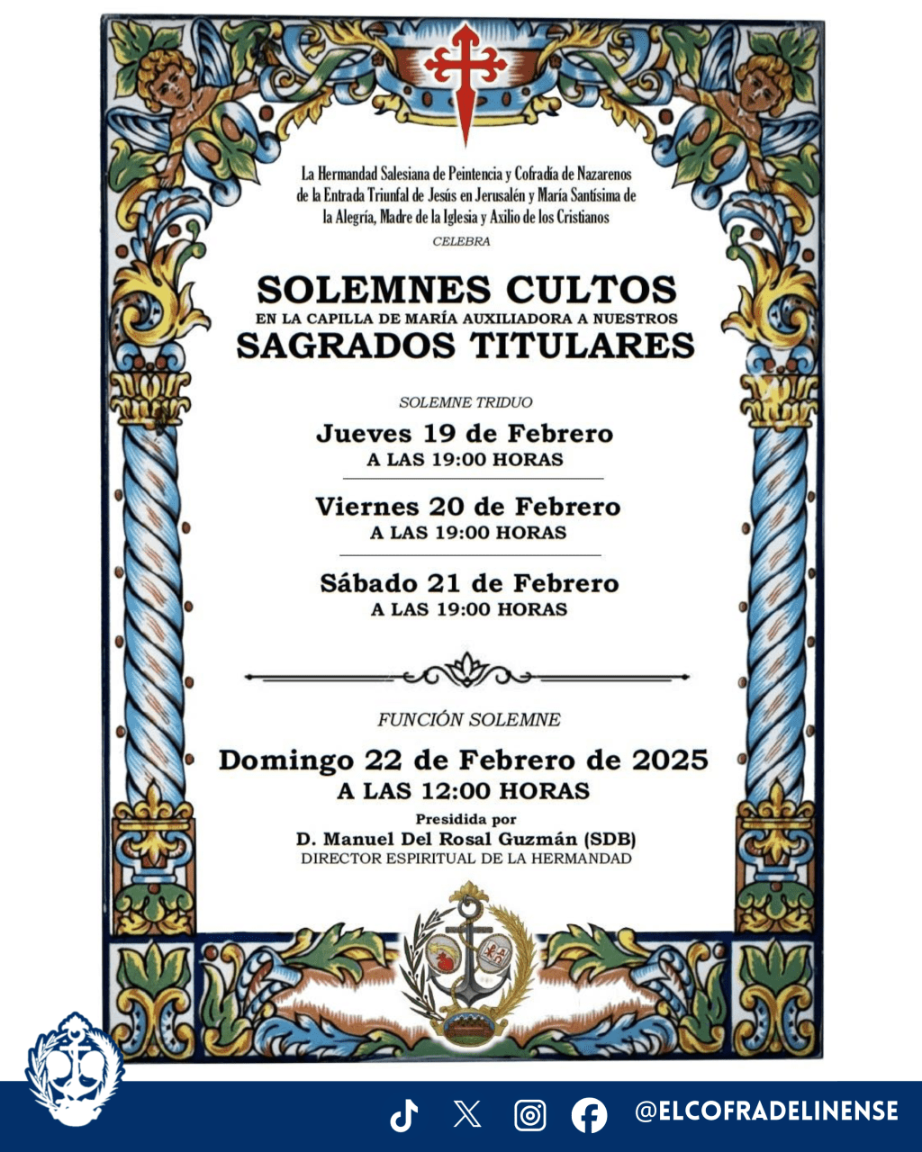 La Hermandad Salesiana celebrará solemnes cultos en honor a sus Sagrados Titulares en la Capilla de María&nbsp;Auxiliadora