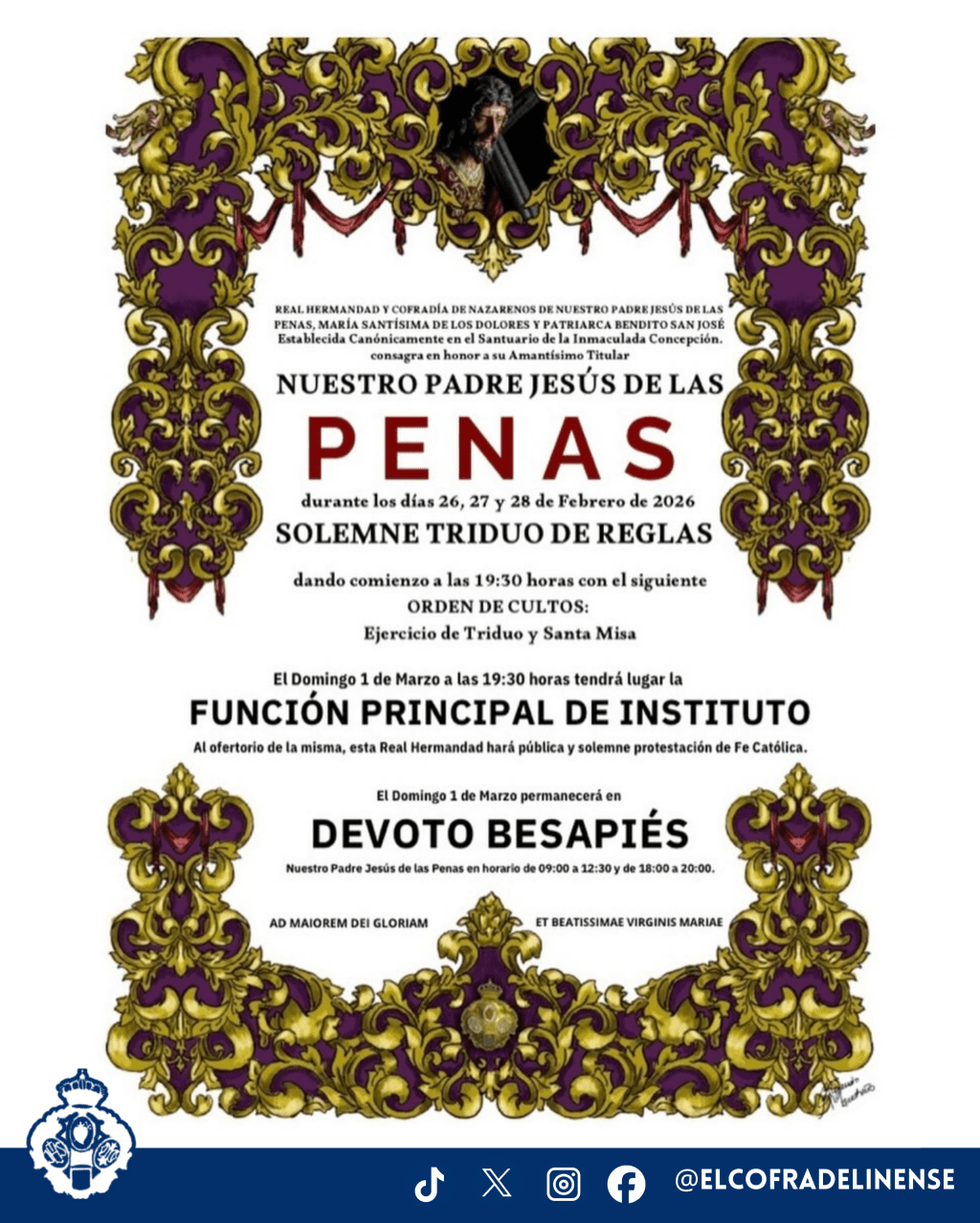 La Hermandad de las Penas celebrará sus solemnes cultos cuaresmales en el Santuario de la Inmaculada&nbsp;Concepción